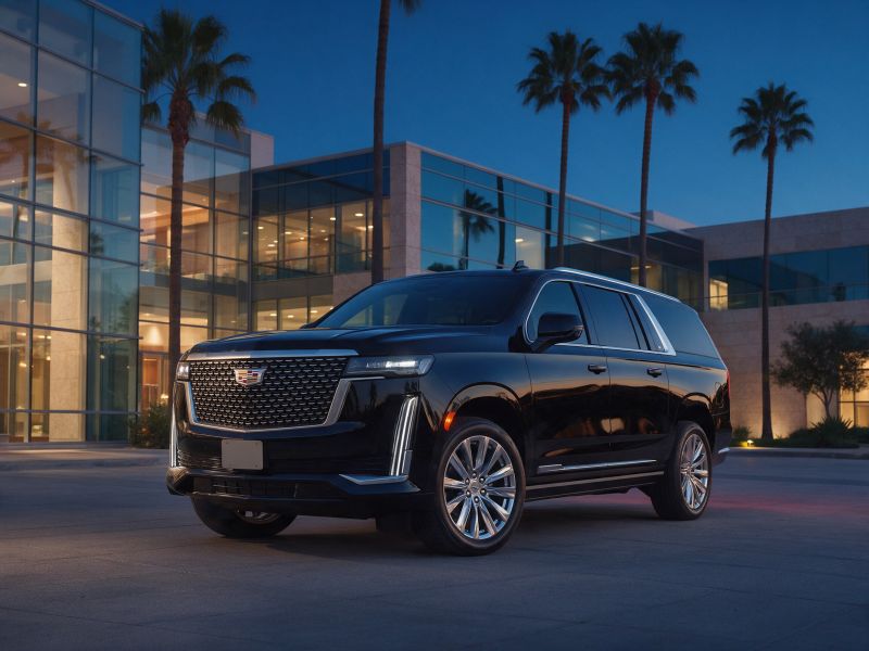 Black Cadillac Escalade parked in front of a glass office building at dusk